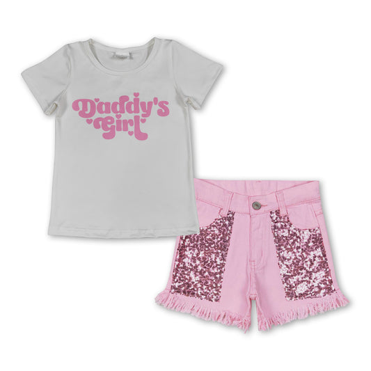Daddy's girl top sequin denim shorts kids summer clothes