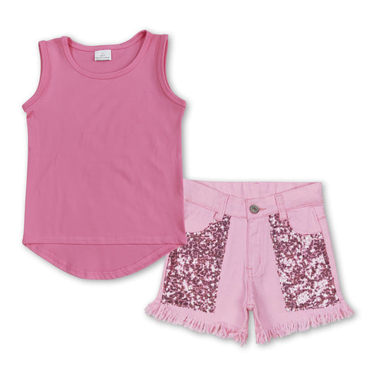 Sleeveless active top sequin denim shorts girl summer clothes