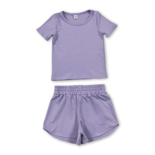 Short sleeves lavender top shorts kids girls yoga active set
