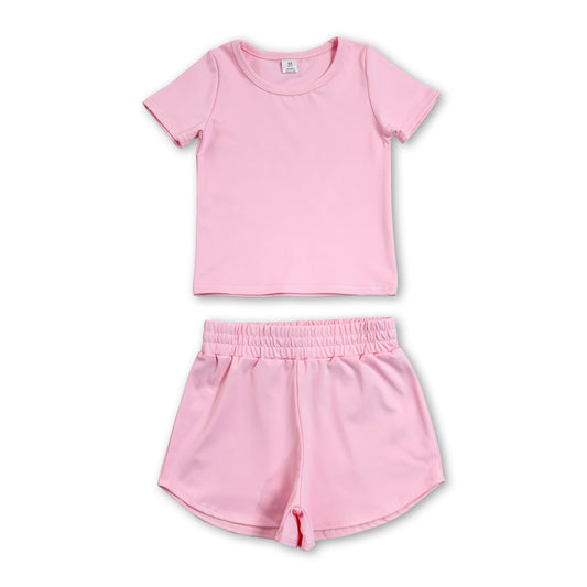 Short sleeves pink top shorts kids girls yoga active set