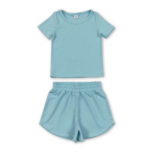 Short sleeves light blue top shorts kids girls yoga active set