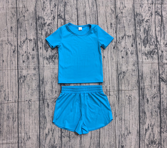 Short sleeves blue top shorts kids girls yoga active set