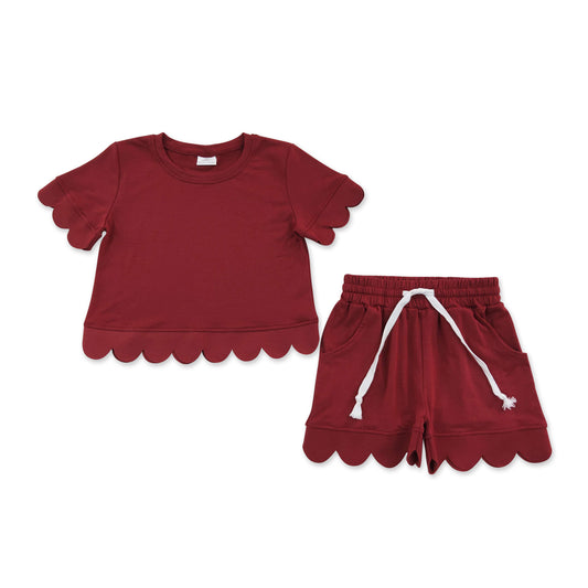 Short sleeves maroon scallop top shorts kids girls team outfits
