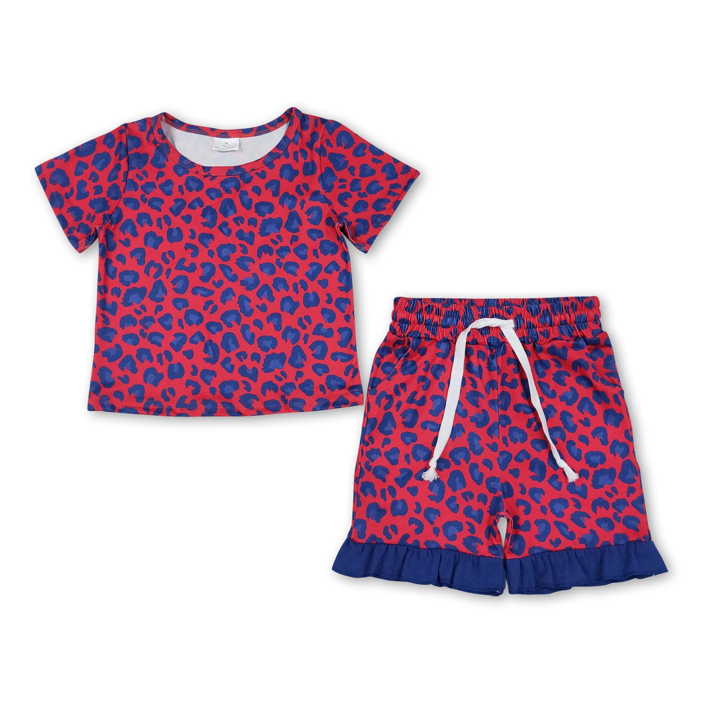 Short sleeves blue ruffle leopard top shorts girls outfits