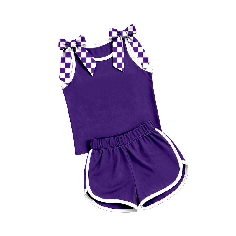 Sleeveless purple plaid bow top shorts team girls outfits
