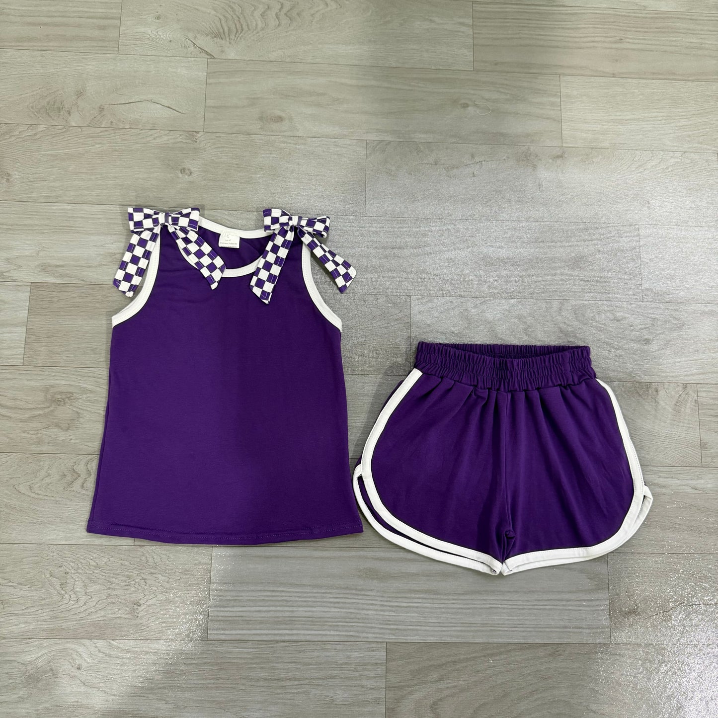 Sleeveless purple plaid bow top shorts team girls outfits