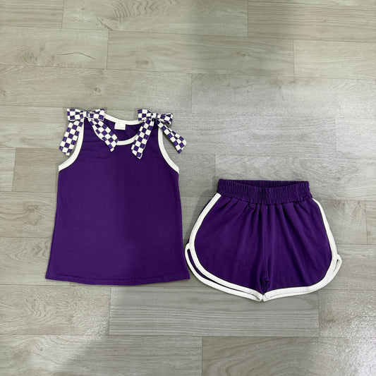 Sleeveless purple plaid bow top shorts team girls outfits