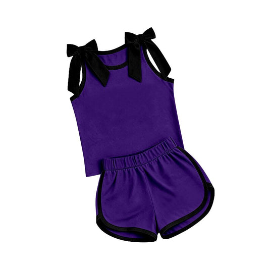 Sleeveless black bow purple top shorts girls outfits