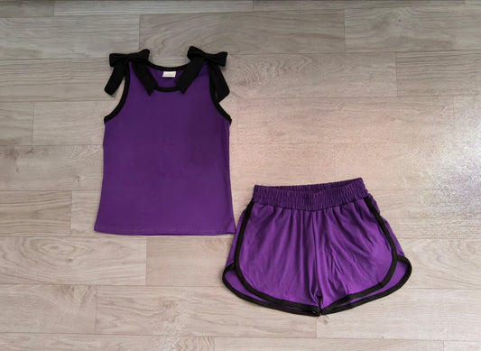Sleeveless black bow purple top shorts girls outfits