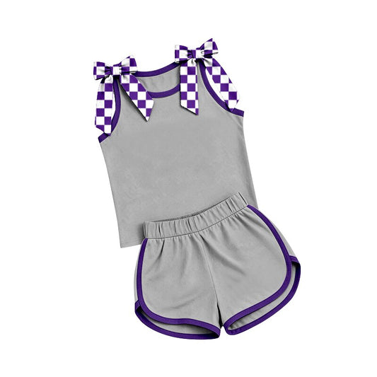 Sleeveless purple plaid bow grey top shorts team girls outfits