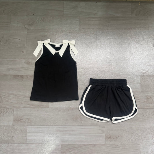 Sleeveless white bow black top shorts girls outfits