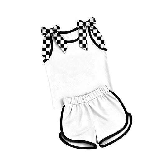 Sleeveless black plaid bow white top shorts girls outfits