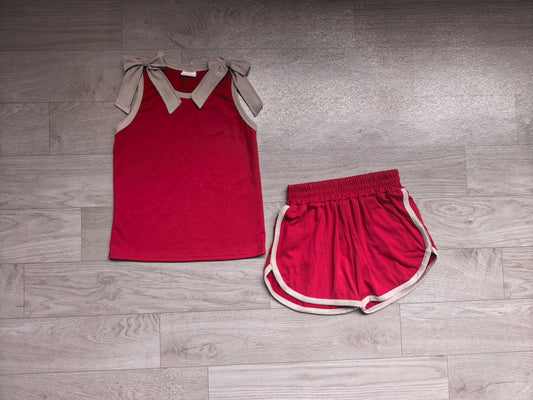 Sleeveless grey bow maroon top shorts team girls outfits