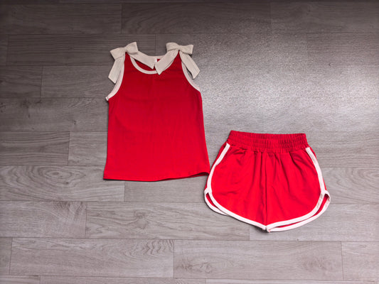 Sleeveless white bow red top shorts girls team outfits