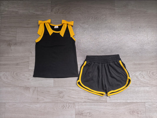 Sleeveless gold bow black top shorts girls team outfits
