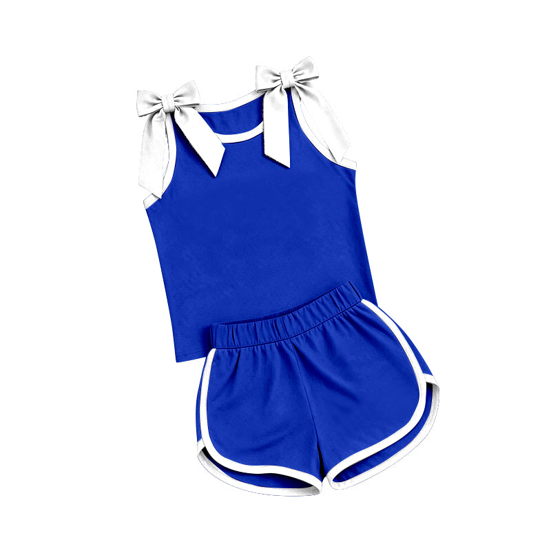 Sleeveless white bow blue top shorts team girls outfits
