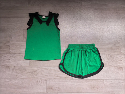 Sleeveless black bow green top shorts girls team outfits