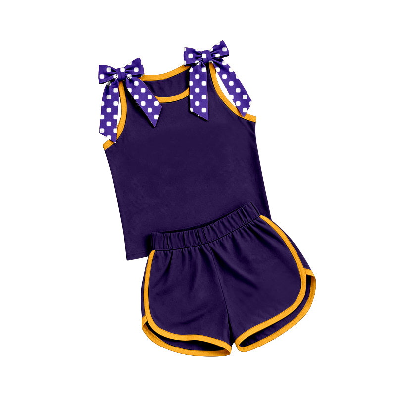 Sleeveless polka dots bow purple top shorts girls team outfits