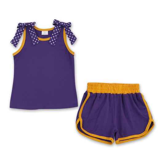 Sleeveless polka dots bow purple top shorts girls team outfits
