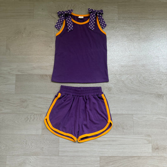 Sleeveless polka dots bow purple top shorts girls team outfits