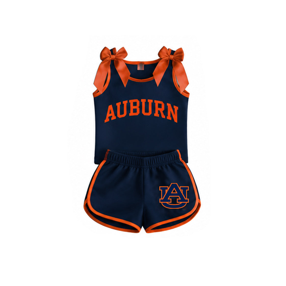 Sleeveless orange bow navy top shorts A U team girls outfits