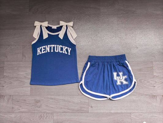Sleeveless white bow blue top shorts U K team girls outfits
