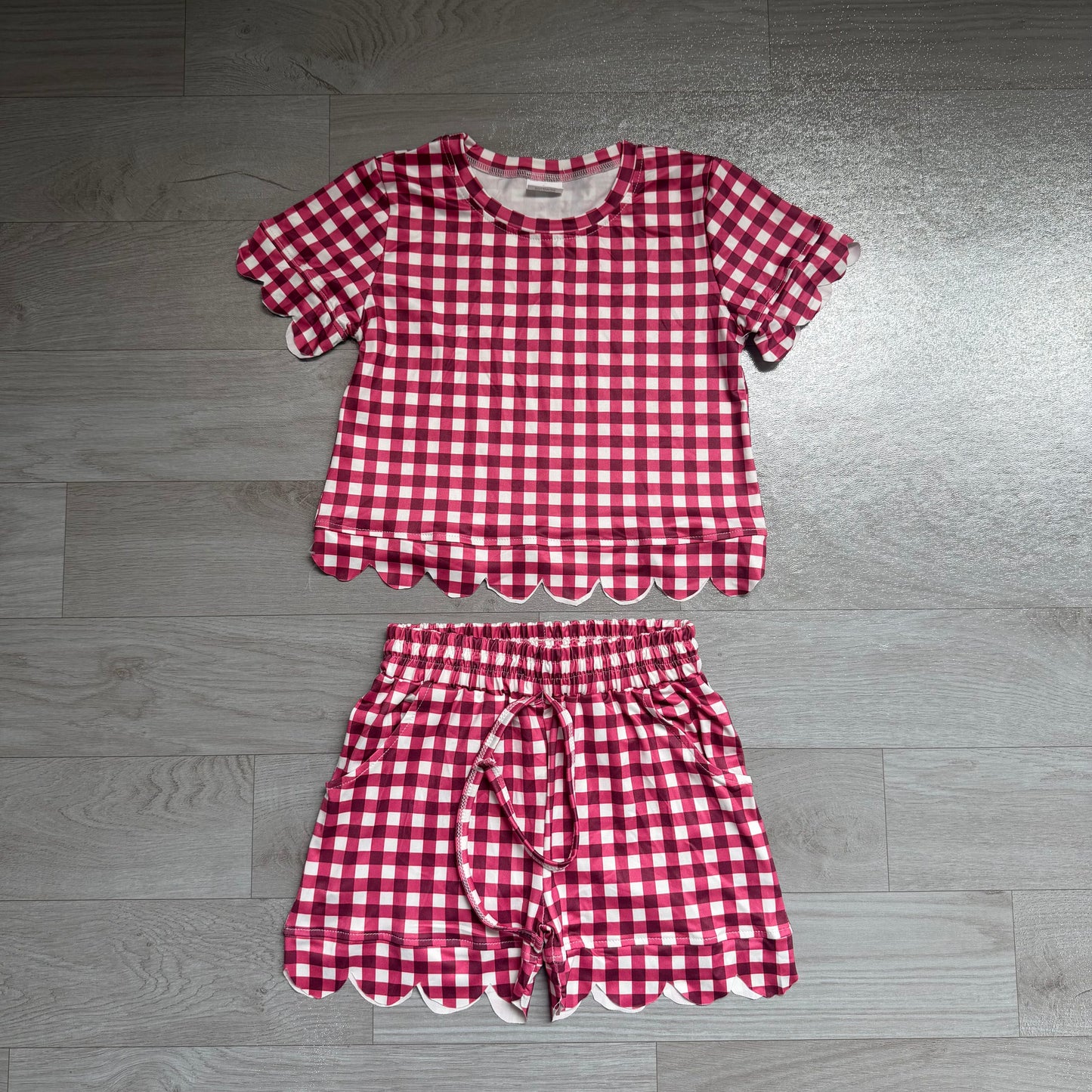 Short sleeves plaid scallop top shorts girls team outfits