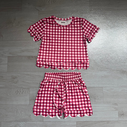 Short sleeves plaid scallop top shorts girls team outfits