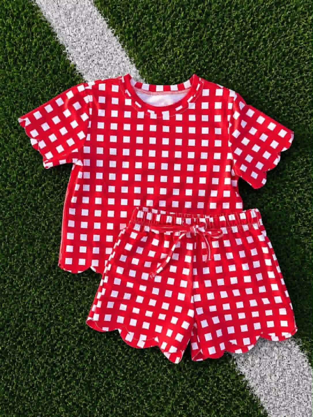 Short sleeves red plaid scallop top shorts girls team outfits