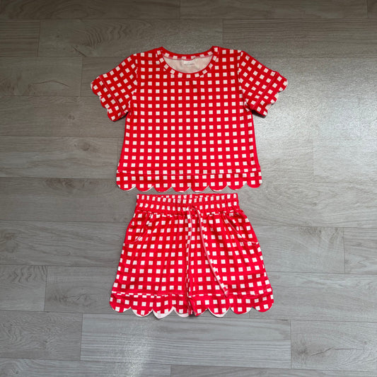 Short sleeves red plaid scallop top shorts girls team outfits