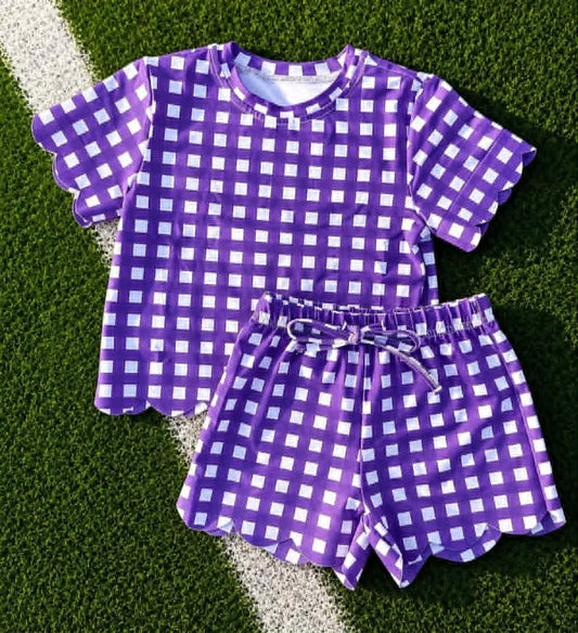 Short sleeves purple plaid scallop top shorts girls team outfits