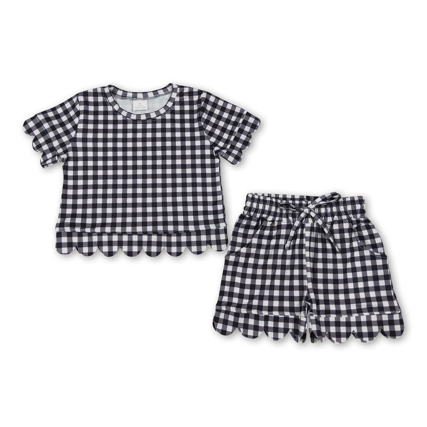 Short sleeves black plaid scallop top shorts girls team outfits