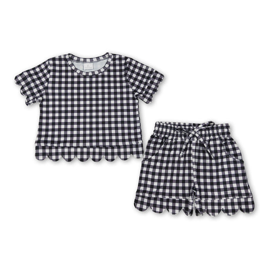 Short sleeves black plaid scallop top shorts girls team outfits