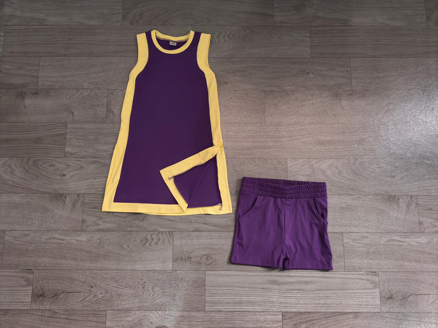 Purple yellow dress shorts girls team active outfits