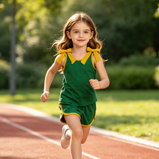 Sleeveless yellow bow green top shorts girls team outfits