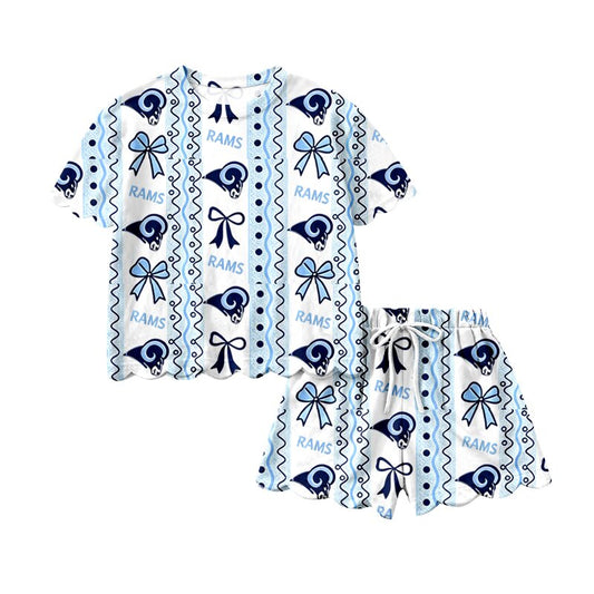 Short sleeves light blue bow rams girls team scallop outfits