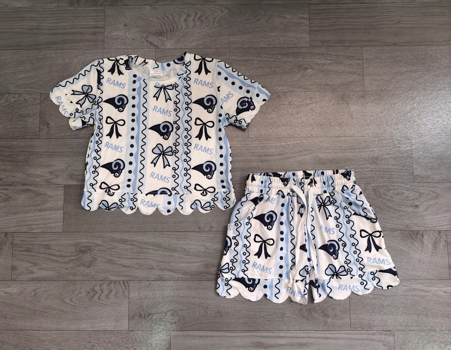 Short sleeves light blue bow rams girls team scallop outfits