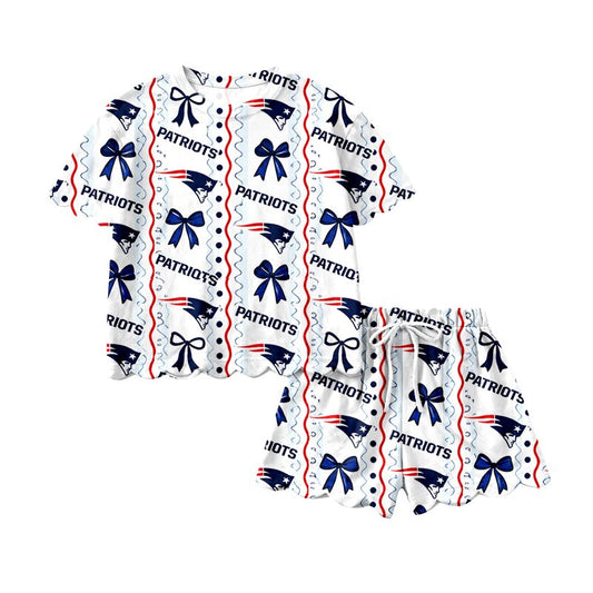 Short sleeves navy bow girls team scallop outfits