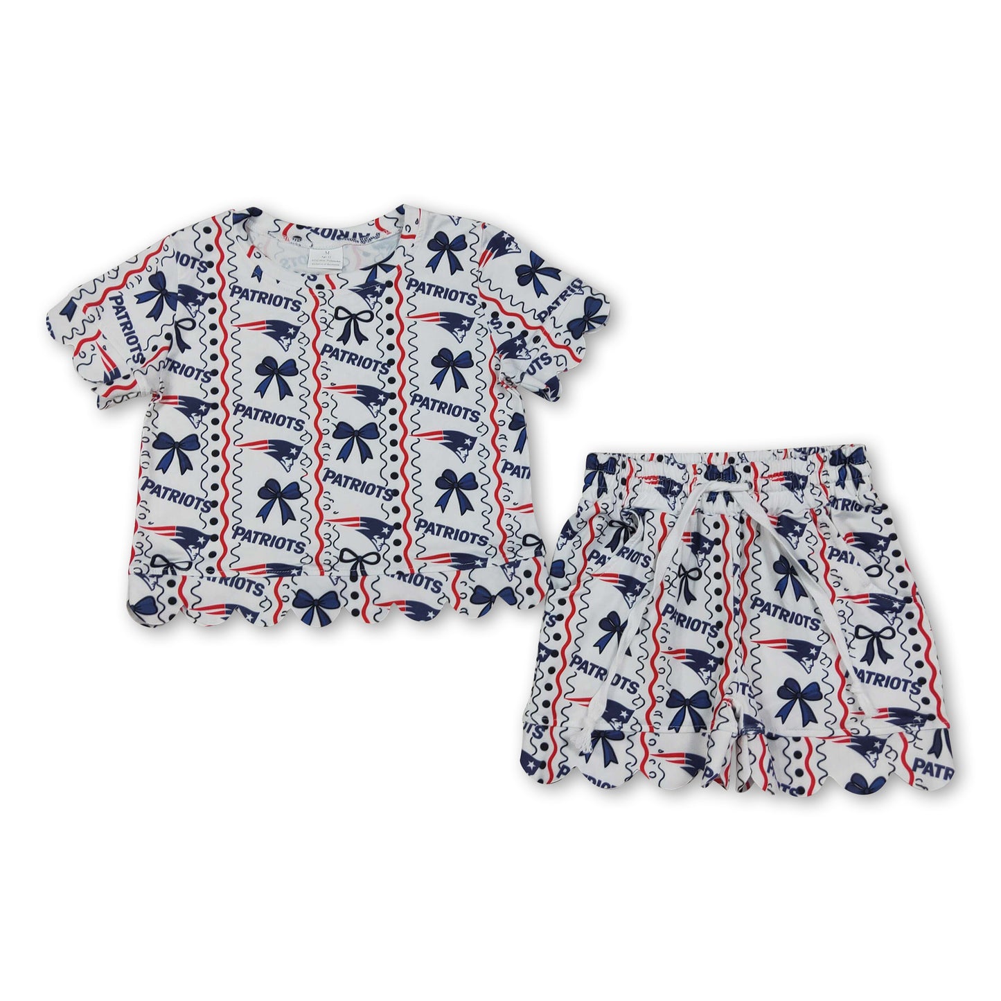 Short sleeves navy bow girls team scallop outfits