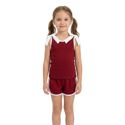 Sleeveless white bow maroon top shorts girls team set