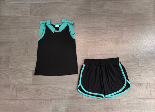 Sleeveless light blue bow black top shorts girls team set