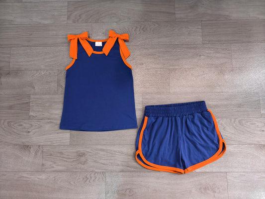 Sleeveless orange bow blue top shorts girls team set