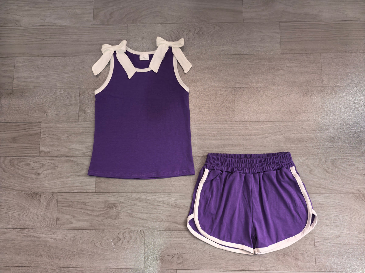 Sleeveless white bow purple top shorts girls team set