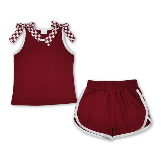 Sleeveless plaid bow maroon top shorts girls team set