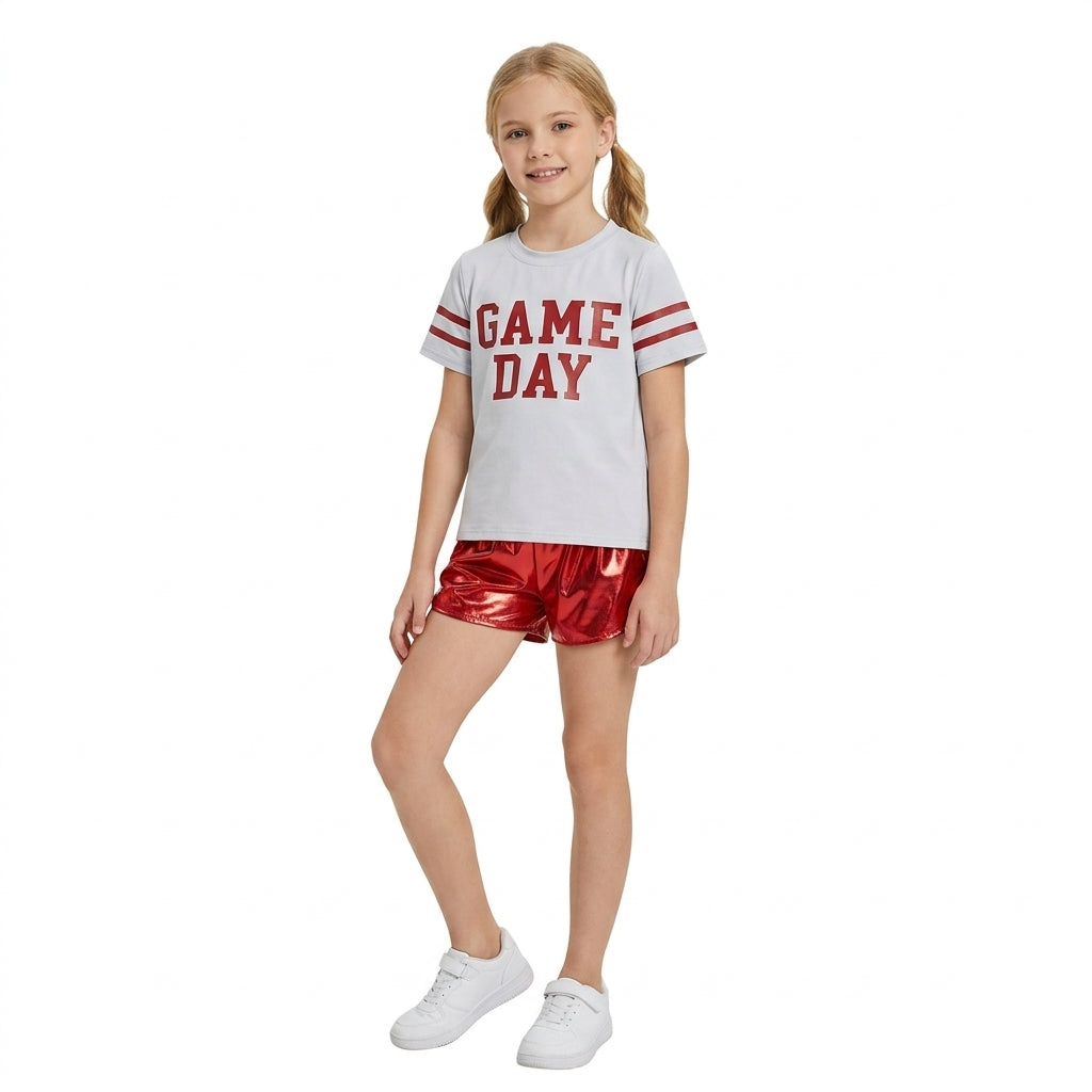 Red game day vinyl top shorts girls team clothes