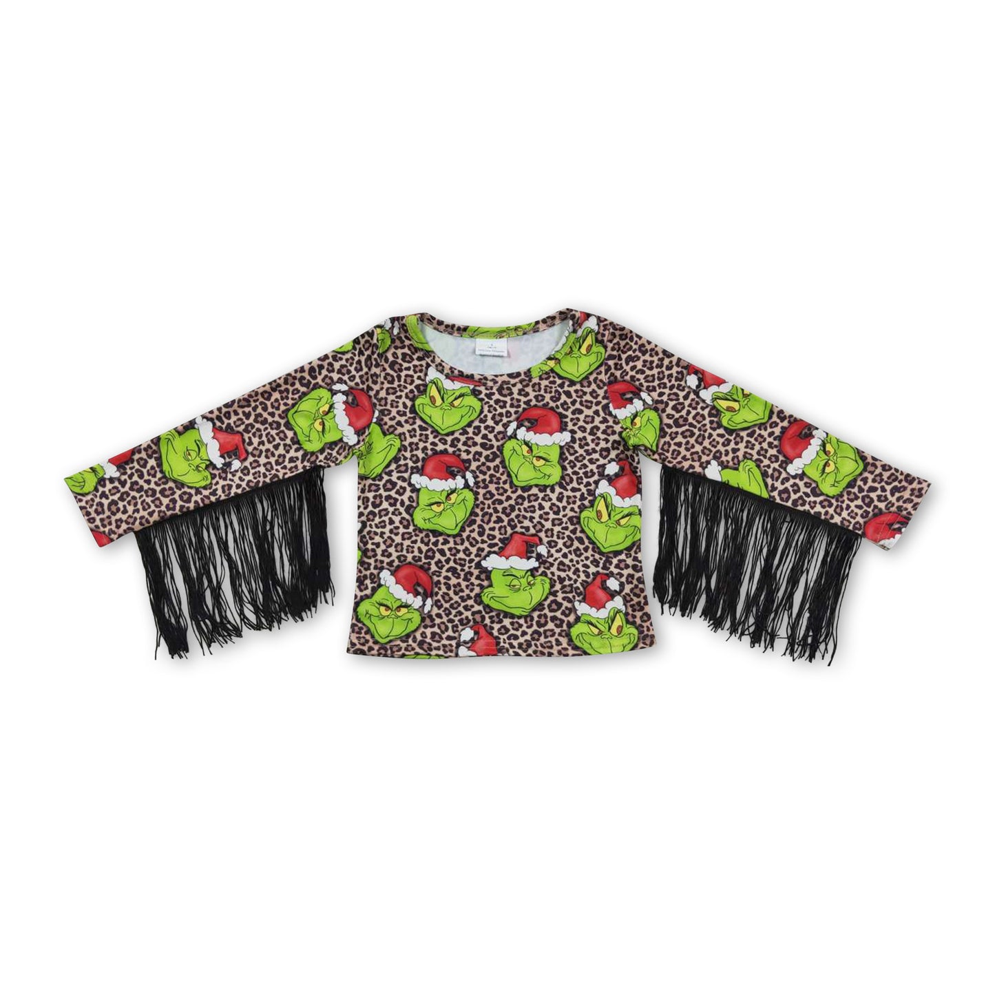 Long sleeves leopard green face tassels girls Christmas shirt