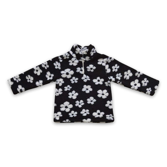 Black white flower thick kids girls pullover