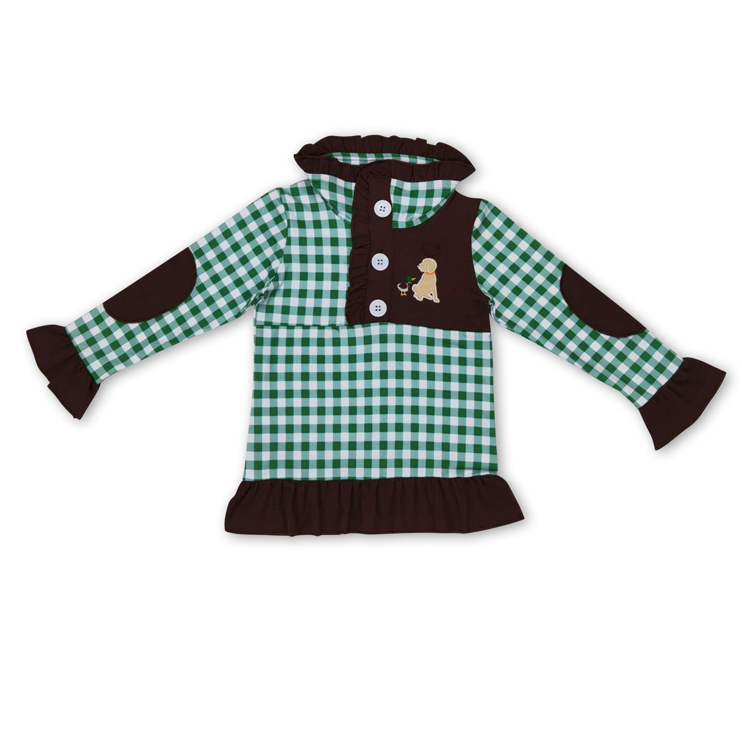 Duck dog brown ruffle plaid girls pullover