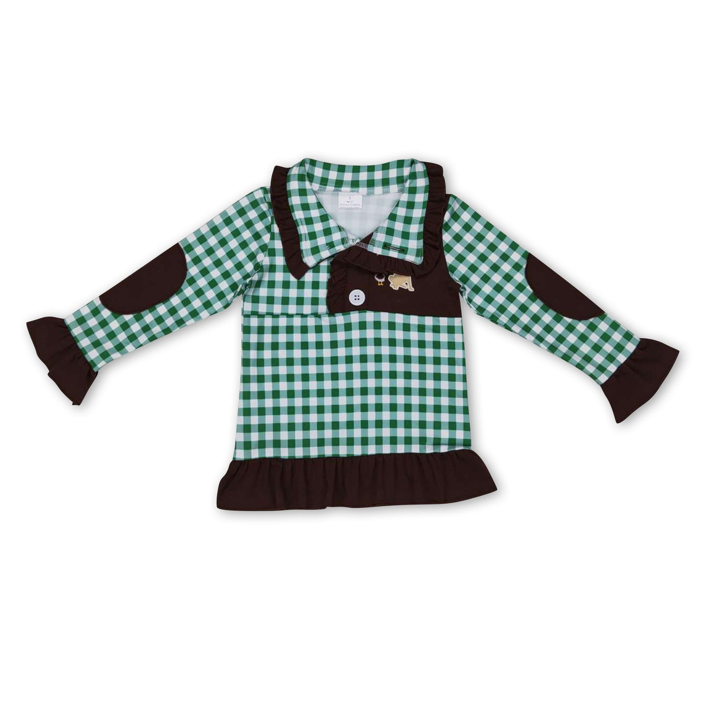 Duck dog brown ruffle plaid girls pullover