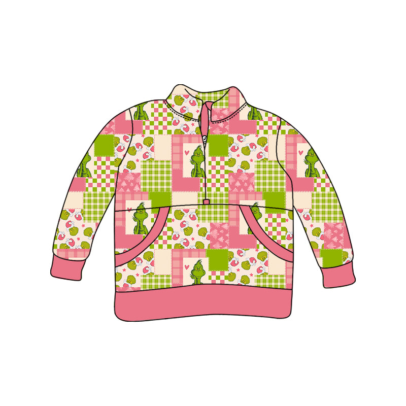 Pink green face plaid patchwork girls pocket Christmas pullover